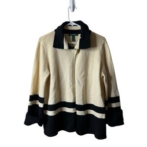 Lauren Ralph Lauren Cream Black 100% Lambswool Toggle Cardigan Sweater